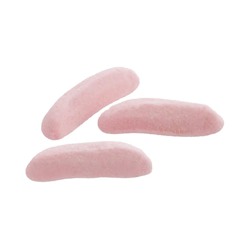 Pink banana-shaped foam candy with sugar coating by Aroma.