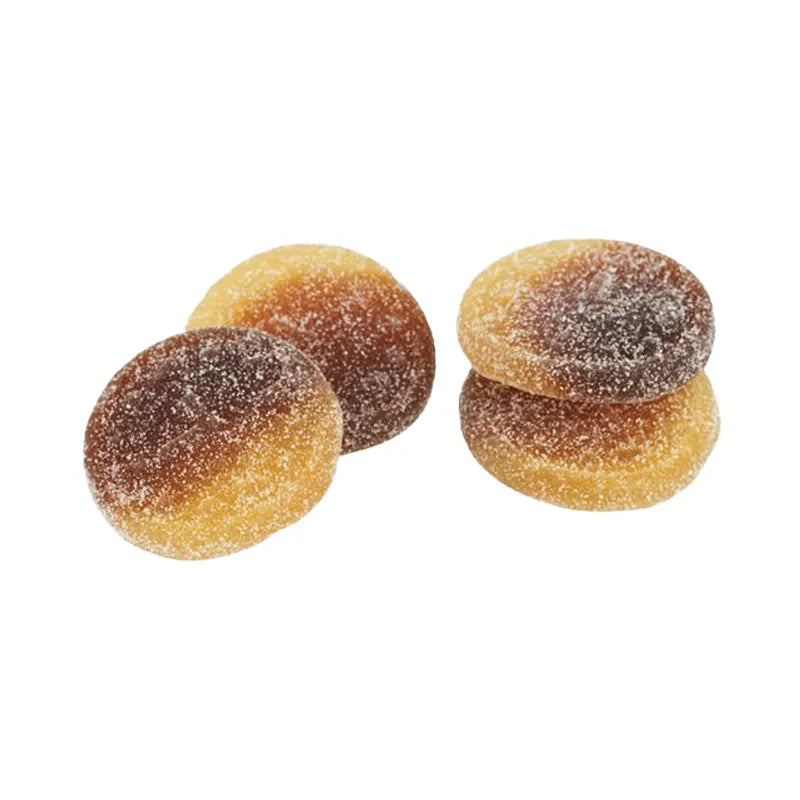 Brown and white circle shaped jelly candy with fizzy sugar coating.