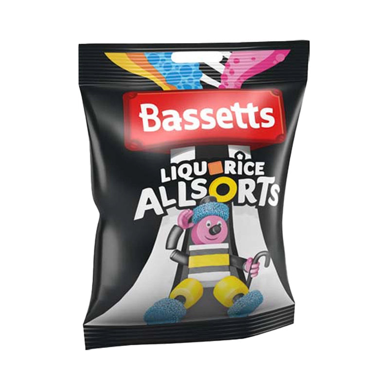 Black bag of Bassetts Liquorice Allsorts candies.