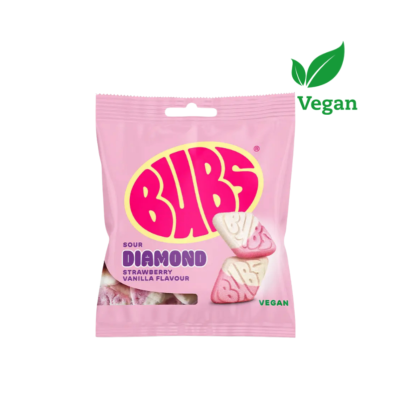 Bubs strawberry and vanilla candy in a pink bag