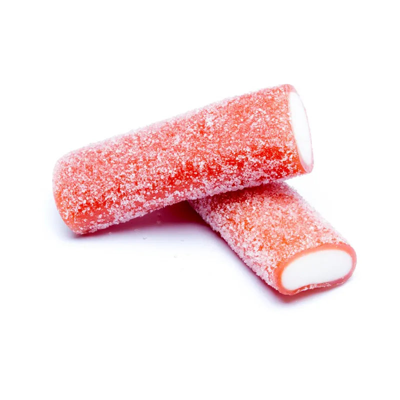 Red and white sugar-coated log-shaped chewy candy.