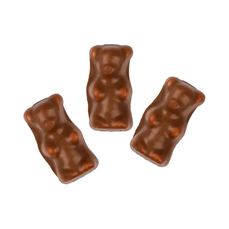 Teddy bear-shaped foam candy coated in milk chocolate.