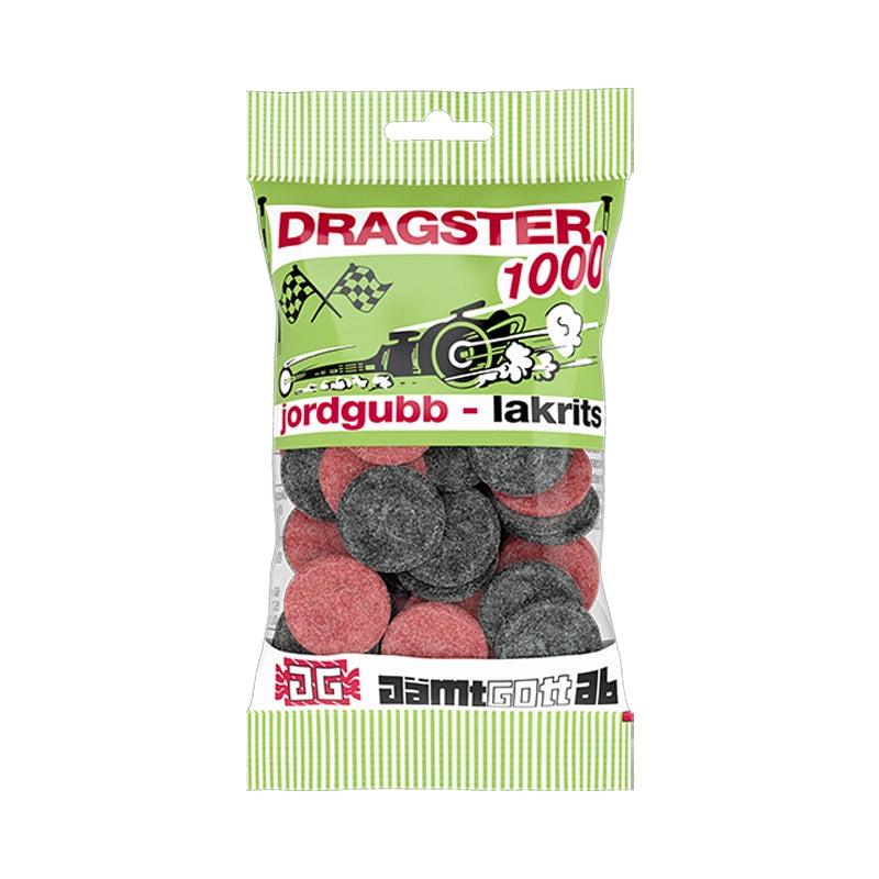 Green bag of Dragster Jordgubb Lakrits circle-shaped candy.
