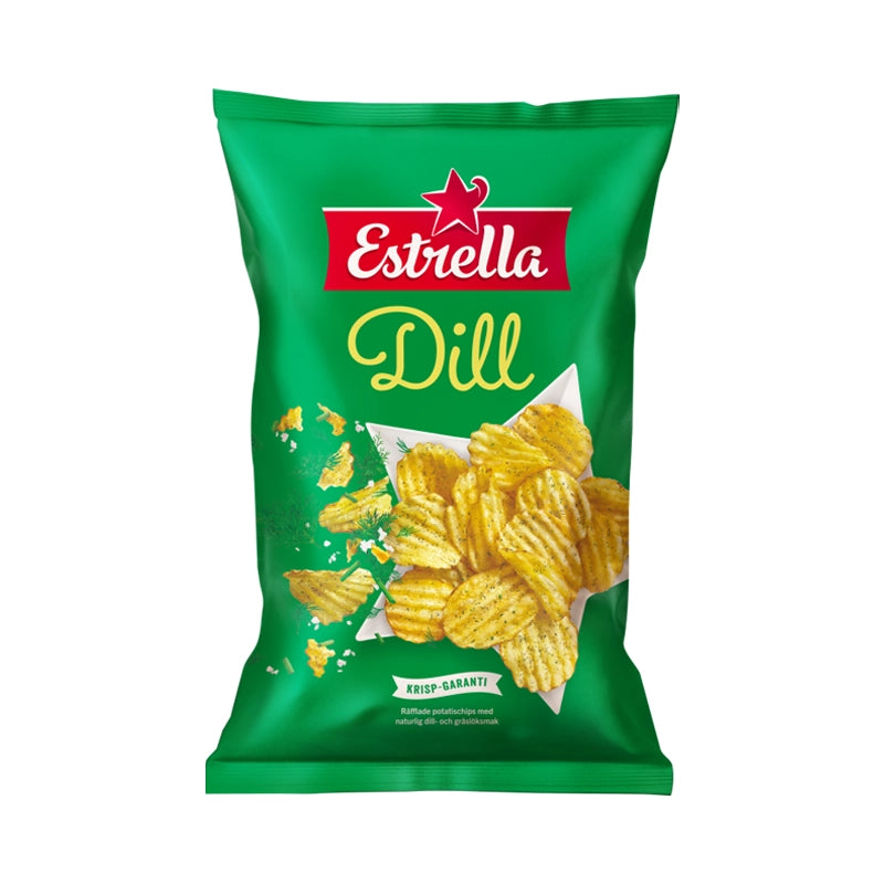 Green bag of Estrella Dillchips, dill flavored potato chips.