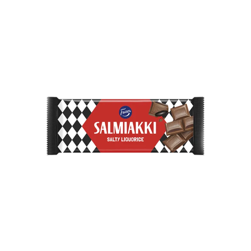 Chocolate bar filled with salmiak wrapped in black and white paper by Fazer