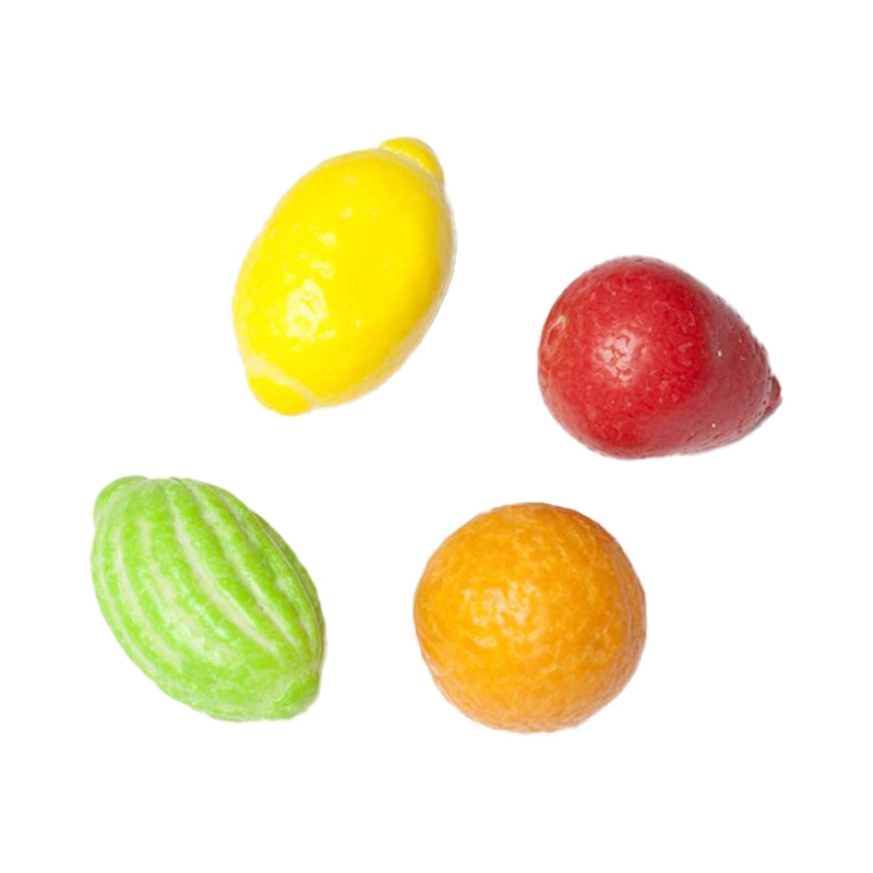 Bubblegum shaped in various fruits and colors.