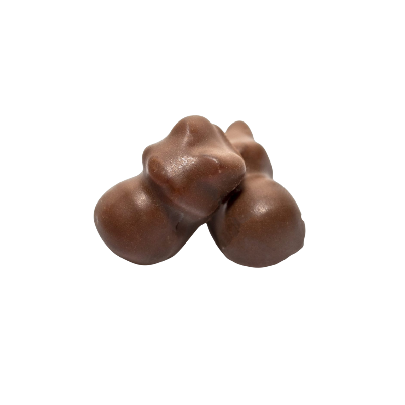 Small pig-shaped raspberry jelly candies coated in milk chocolate
