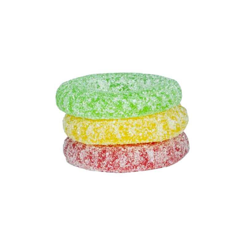 Colorful ring-shaped chewy candies coated with tangy sugar.