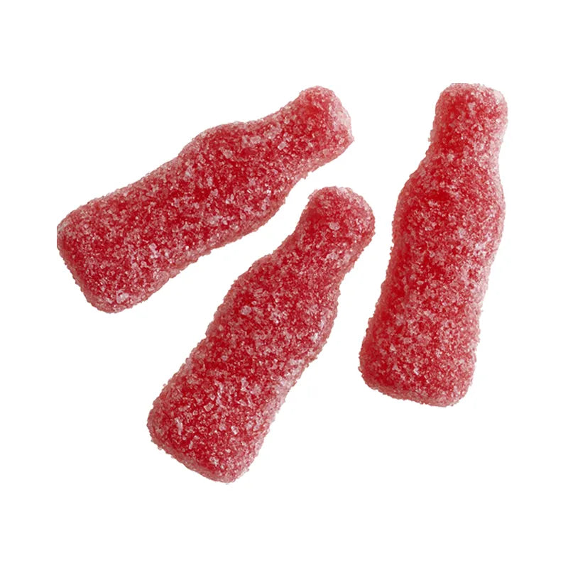 Red bottle-shaped chewy candy with sour sugar coating.