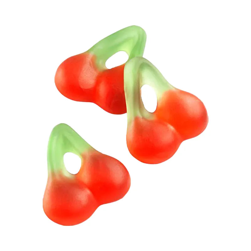 Red and green jelly candy shaped as cherry, by Haribo.