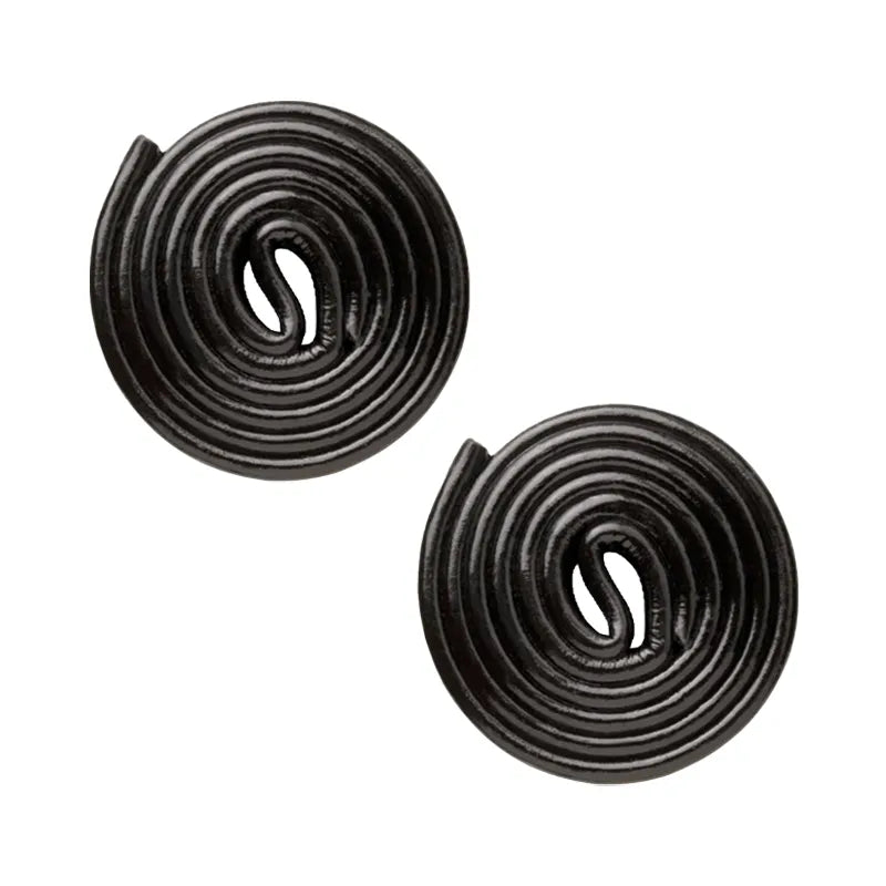 Black roll-shaped chewy candy by Haribo.