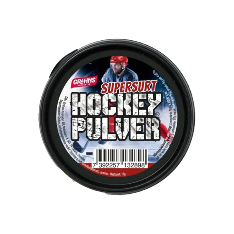 Black flat jar containing tangy sour powder candy