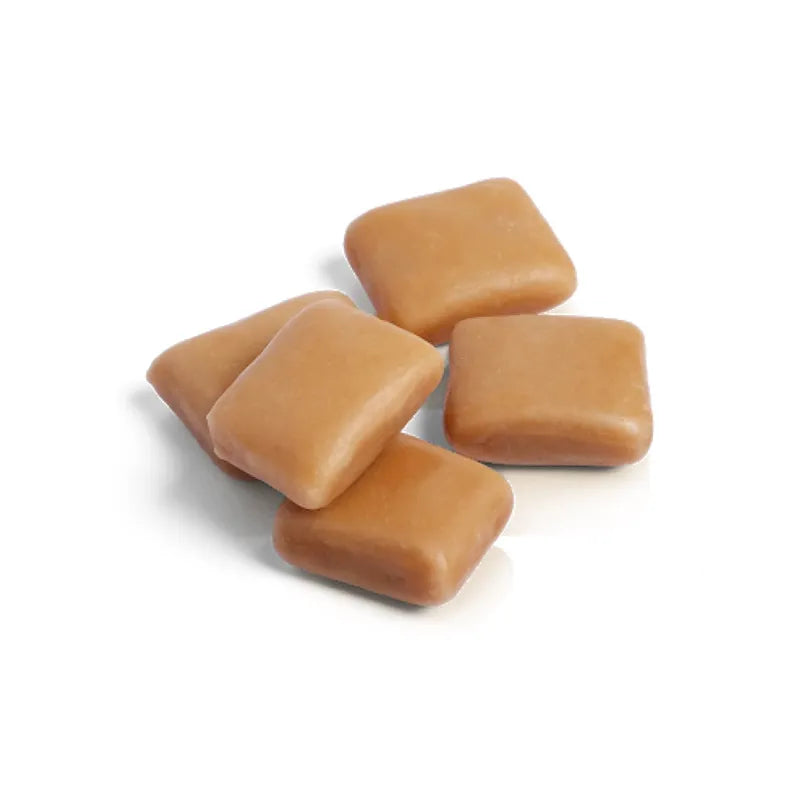 Small brown chewy toffee candies.