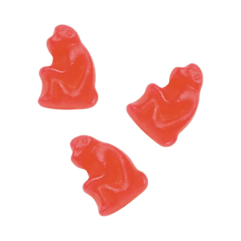 Small red monkey-shaped chewy candies by Malaco.