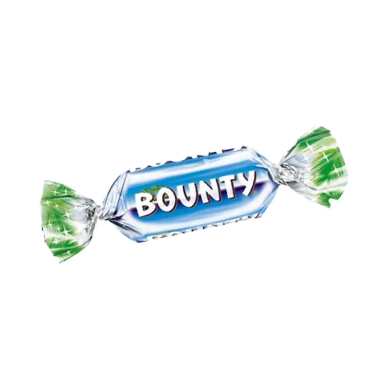 Mini Bounty chocolate bar wrapped in blue paper by Mars.