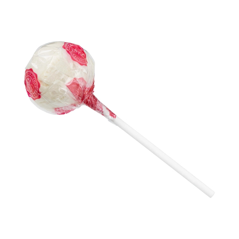 White lollipop in plastic wrapper.