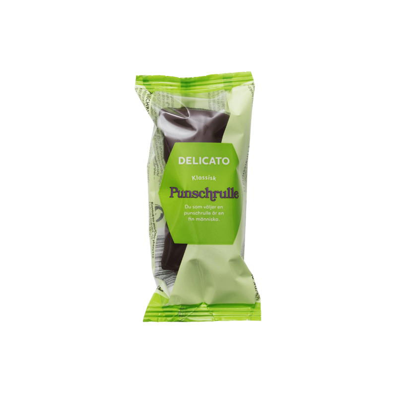 Punschrulle wrapped in green and transparent paper