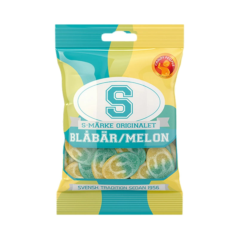 Blue and yellow bag of S-Ovals Blueberry Watermelon oval-shaped chewy candy.