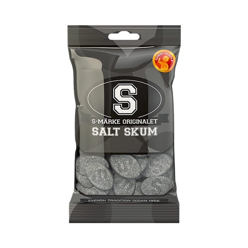 Black bag of S-Tag Salty Foam oval-shaped foam licorice candy.