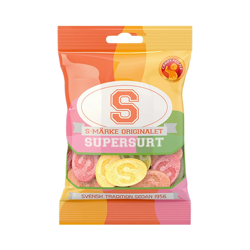 Colorful bag of S-Tag Super Sour oval-shaped candy.