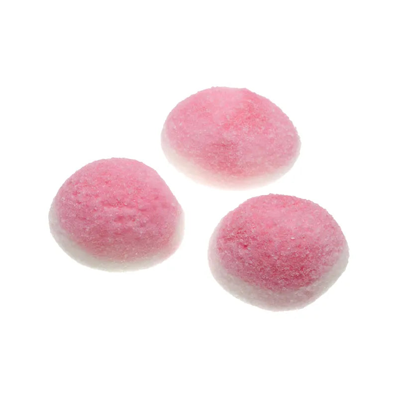 Pink and white pillow-shaped foam candy with sugar coating.