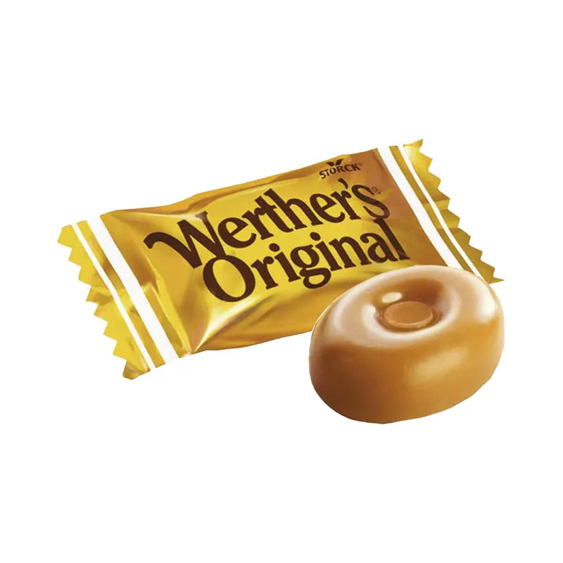 Gold-wrapped round hard caramel toffee.