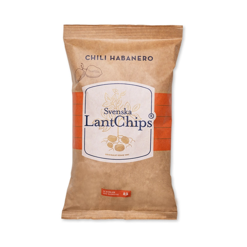 Brown bag of Svenska Lantchips, chili and habanero flavored potato chips.