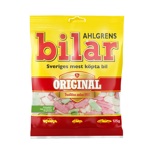 Yellow bag of Ahlgrens Bilar with car-shaped foam candy.