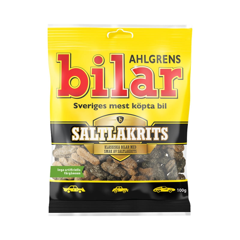 Yellow and black bag of Ahlgrens Bilar car-shaped salty foam candy