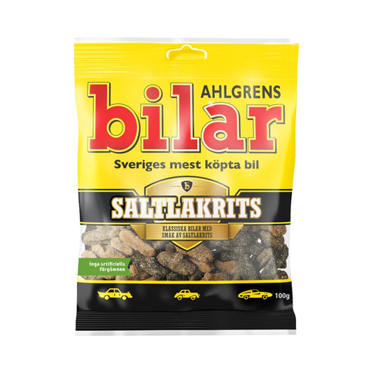Yellow and black bag of Ahlgrens Bilar car-shaped salty foam candy