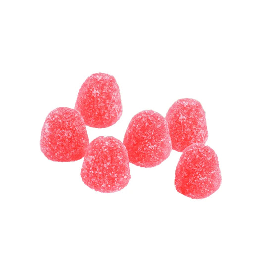 Red sugar-coated drop-shaped jelly candies by Aroma.