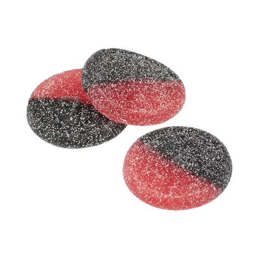 Black and red circle-shaped jelly candy with fizzy sugar coating.