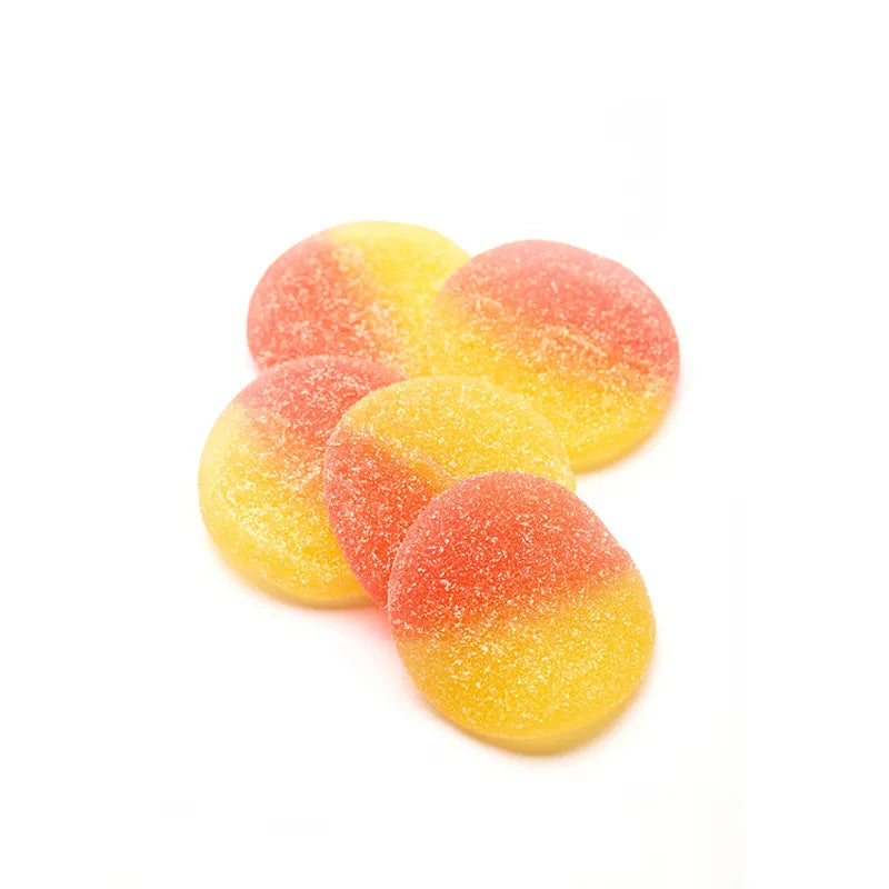 Red and yellow circle-shaped jelly candy with tangy sugar coating.