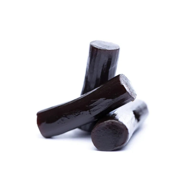 Black licorice tube-shaped jelly candy.