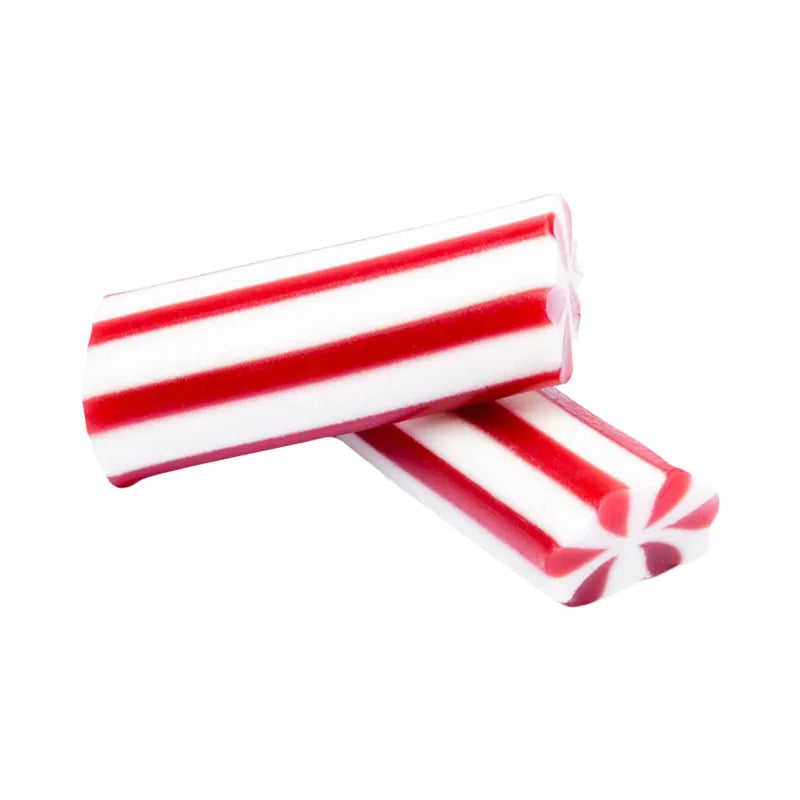 Chewy red and white candy twisted together in a log shape.