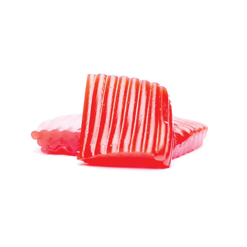 Square-shaped red jelly candy.