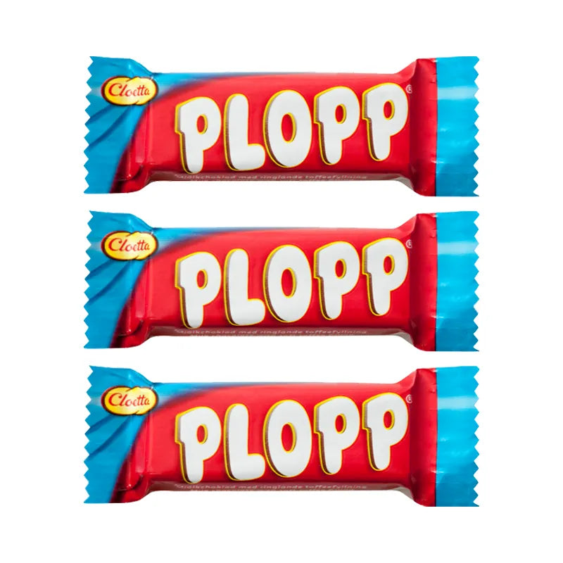 Mini Plopp milk chocolate by Cloetta, wrapped in red and blue paper.