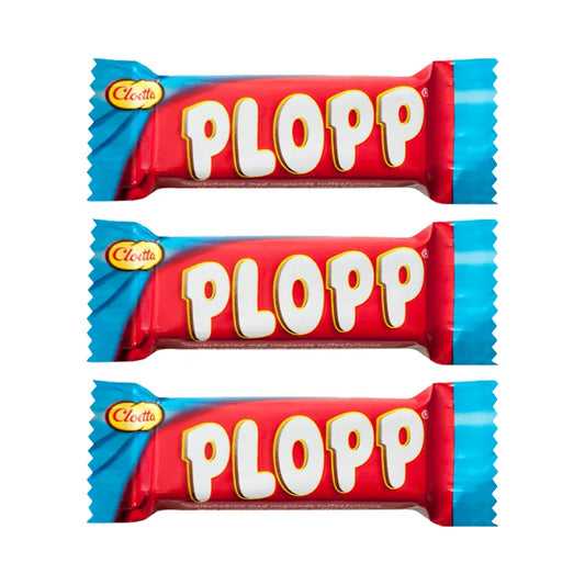 Mini Plopp milk chocolate by Cloetta, wrapped in red and blue paper.