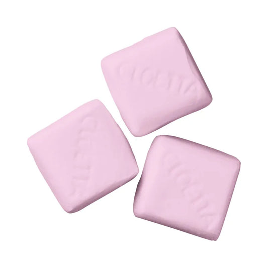 Pink foam candy cubes by Cloetta.