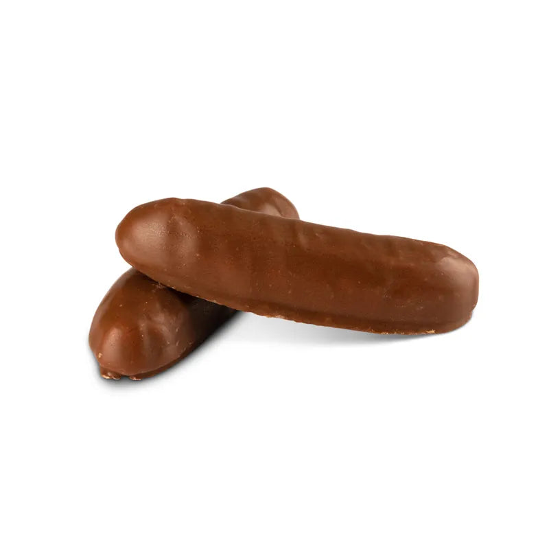 Banana-shaped foam candy coated with milk chocolate.
