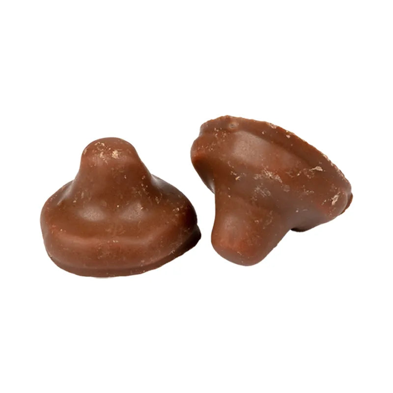 Mushroom-shaped foam candy coated with milk chocolate.