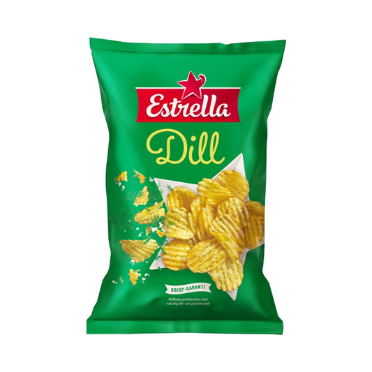 Green bag of Estrella Dillchips, dill flavored potato chips.