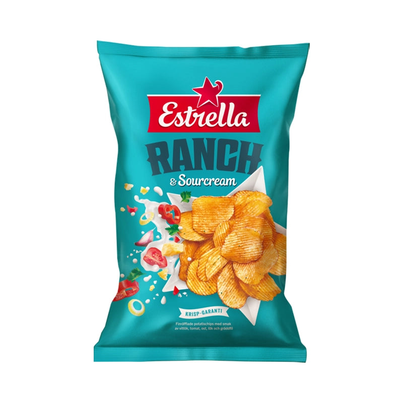 Green bag of Estrella Ranch & Sourcream flavored potato chips.