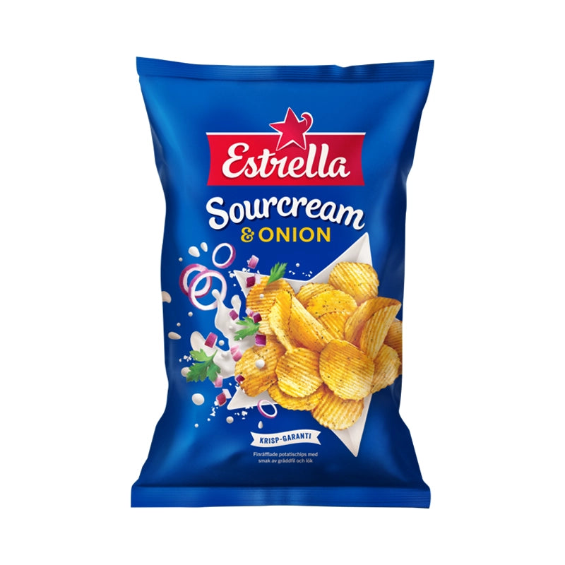 Blue bag of Estrella Sourcream & Onion flavored potato chips.