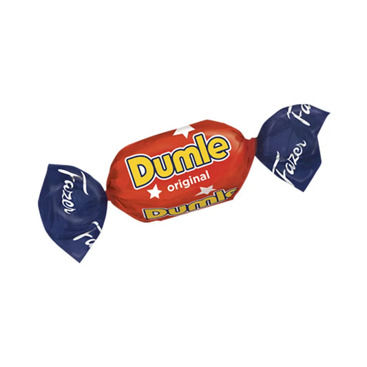 Mini Dumle chocolate wrapped in red and blue paper by Fazer.