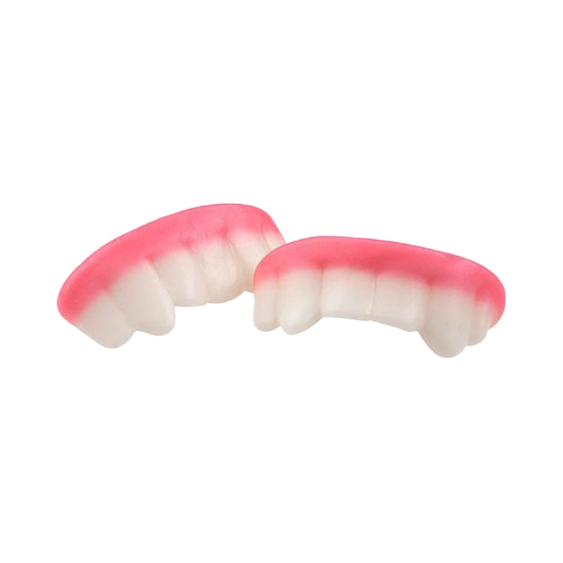 Pink and white teeth-shaped jelly candy.