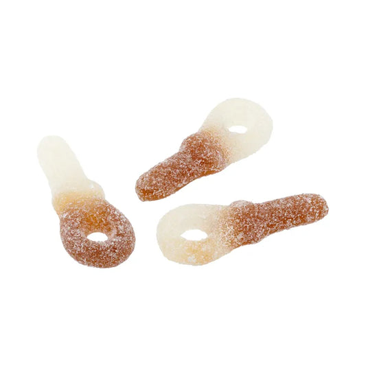 Brown and white soother-shaped jelly candy coated in fizzy sugar.