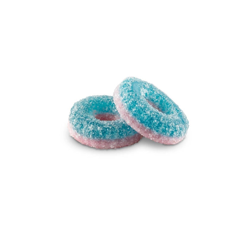 Blue and white foam and jelly candies with fizzy sugar coating.