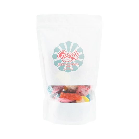 White bag with assorted sour candies in various colors and shapes.