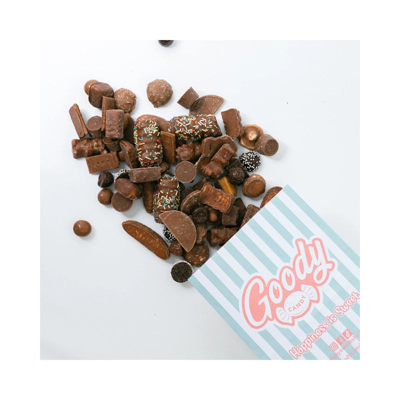 Assorted chocolate candies in various shapes by Goody Candy